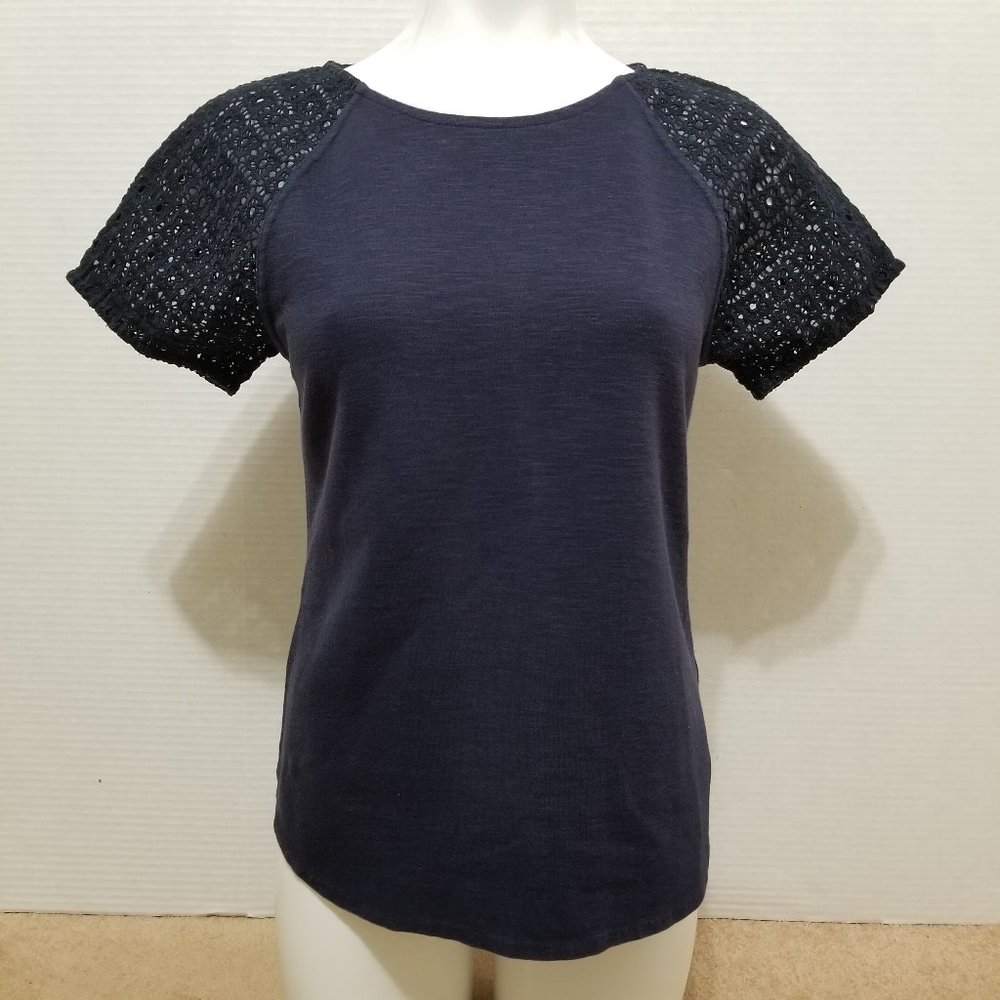 J.Crew top Small floral eyelet Lace-Sleeve crochet slub knit stretch